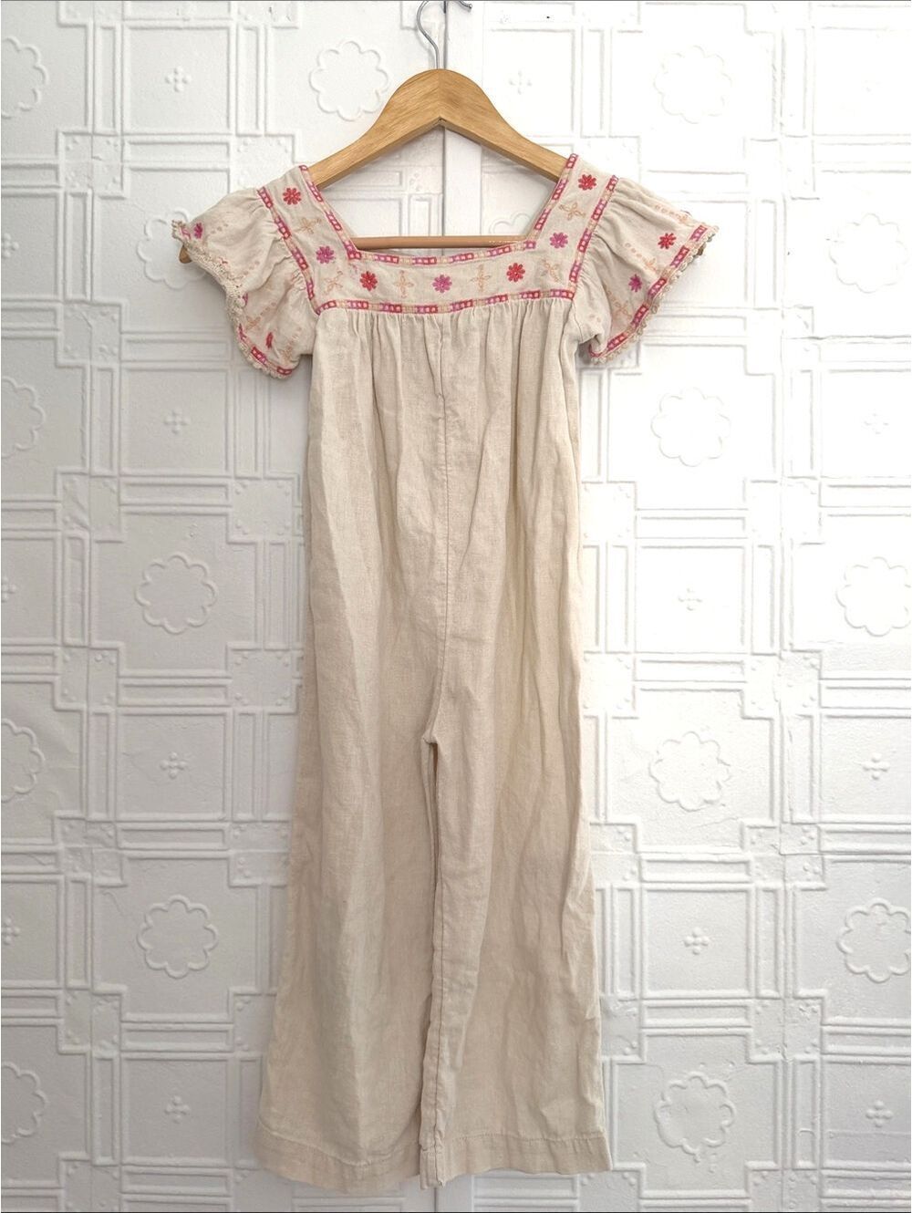 Old Navy Linen Embroidered Boho Jumpsuit Oatmeal Girls 5T